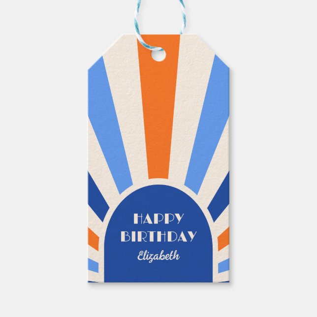 Étiquettes-cadeau Retro Sunburst Arch Typographie Anniversaire Bleu (Devant)