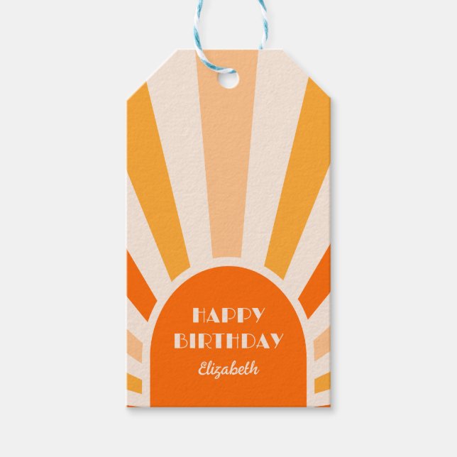 Étiquettes-cadeau Retro Sunburst Arch Typographie Anniversaire Pêche (Devant)