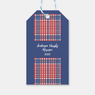 Étiquettes-cadeau Réunion en famille En vichy rouge, blanc et bleu