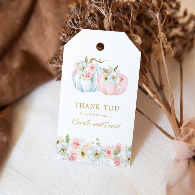 Étiquettes-cadeau Révélation du sexe de bébé Citrouille Bleu et Rose (Pink and blue Fall Baby Shower Thank you tags)