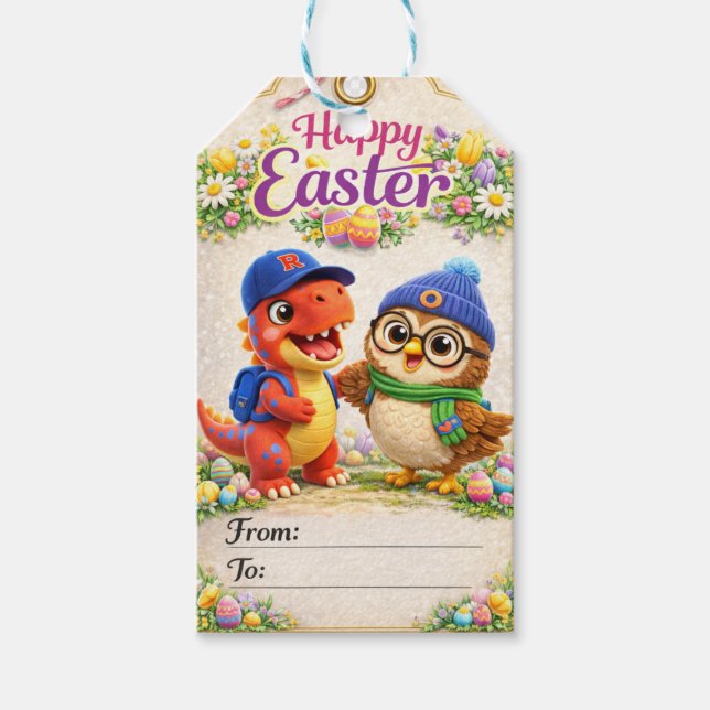 Étiquettes-cadeau Rex and hoot happy Easter dinosaur and owl gift ta (Devant)