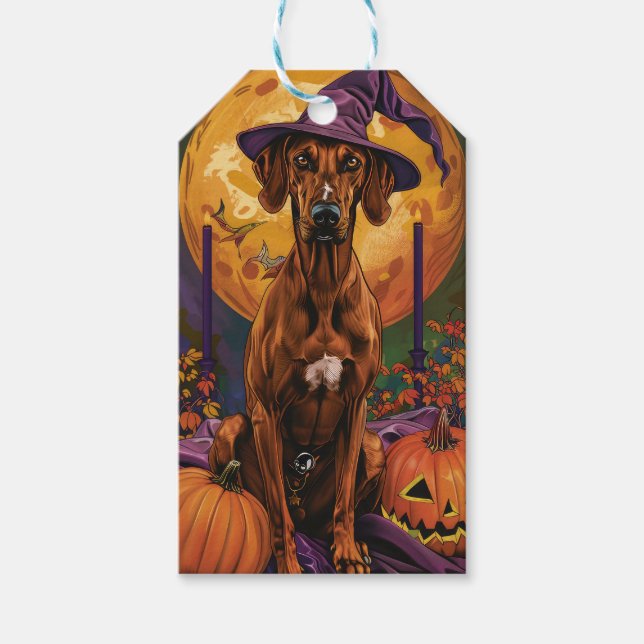 Étiquettes-cadeau Rhodesian Ridgeback Chien Halloween sorcier Citrou (Devant)