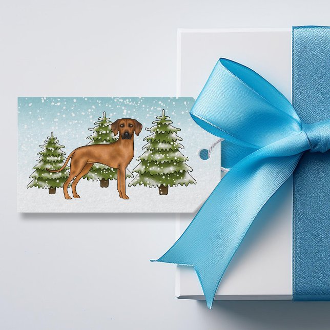 Étiquettes-cadeau Rhodesian Ridgeback Lion Dog Snowy Winter Forest (Front)