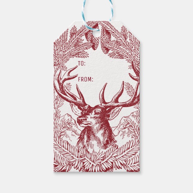 Étiquettes-cadeau Rindeer Et Pine Boughs Noël Rustique (Devant)