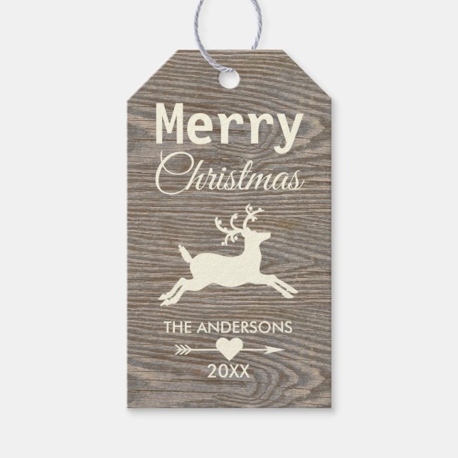 Étiquettes-cadeau Rinder de bois rustique Beige Joyeux Noël (Devant)