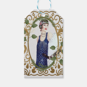 Étiquettes-cadeau Robe bleue vintage années 1920 femme Art Déco Flap