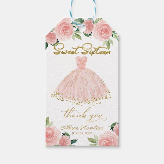 Étiquettes Cadeau Robe de Bal Rose Fleurie pour Fê (Devant)