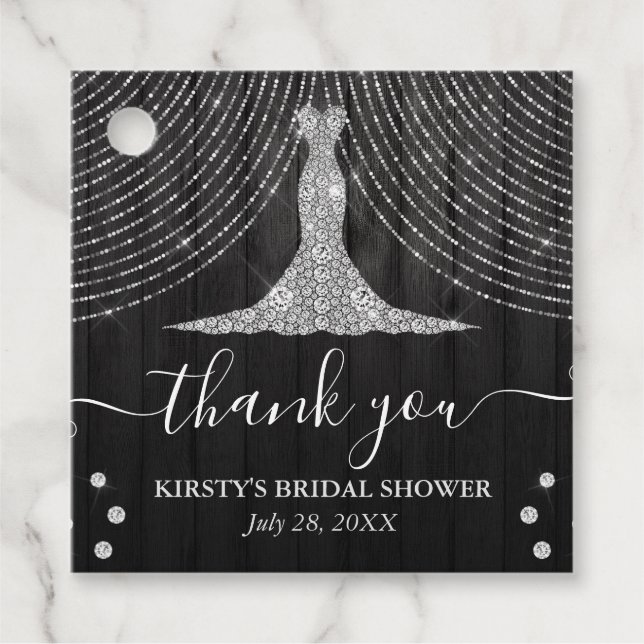 Étiquettes Cadeau Robe de diamant argentée sur une fête prénuptiale  (Devant)