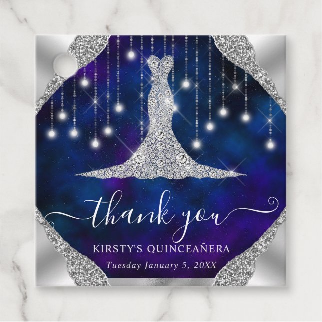 Étiquettes Cadeau Robe de diamant & Bokeh Lights Quinceanera (Devant)