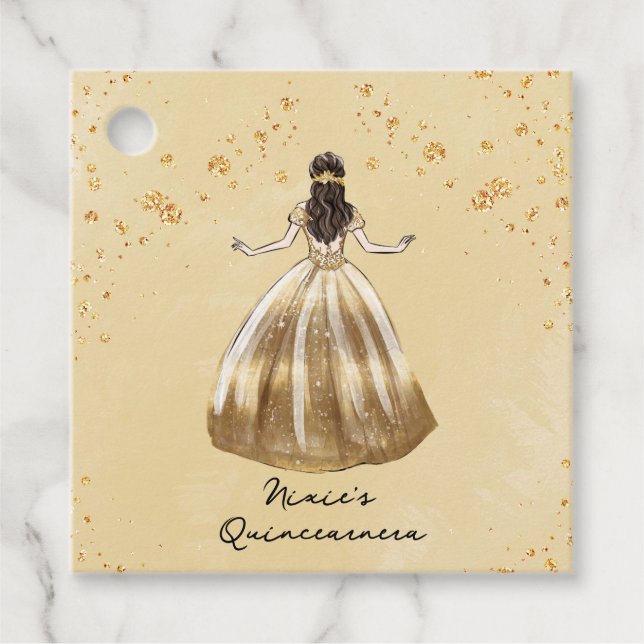 Étiquettes Cadeau Robe d'or avec Parties scintillant Quinceanera (Devant)