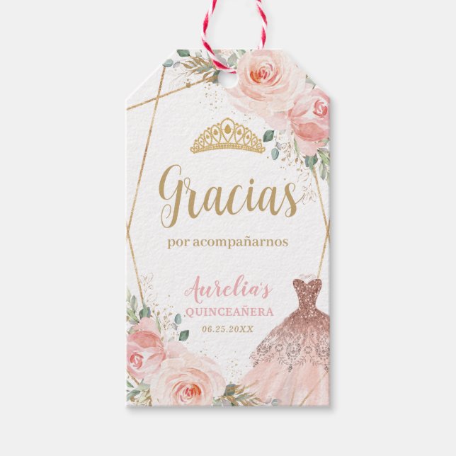 Étiquettes-cadeau Robe Florale rose pâle Quinceañera Anniversaire Fa (Devant)
