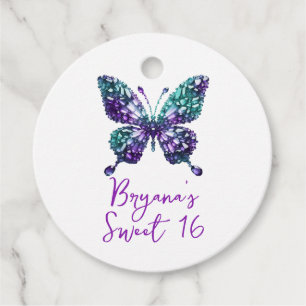 Étiquettes Cadeau Robe Papillon en Cristal Sarcelle et Violet