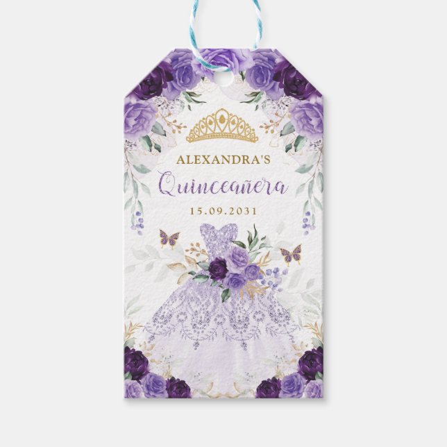Étiquettes-cadeau Robe princesse Quinceanera florale violette Couron (Devant)