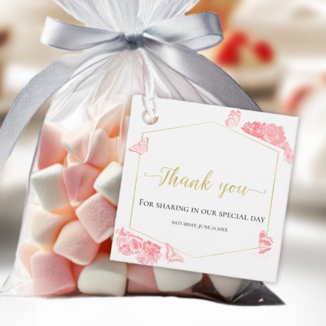 Étiquettes Cadeau Robe rose florale Quinceanera Favoriser les étique (Créateur téléchargé)