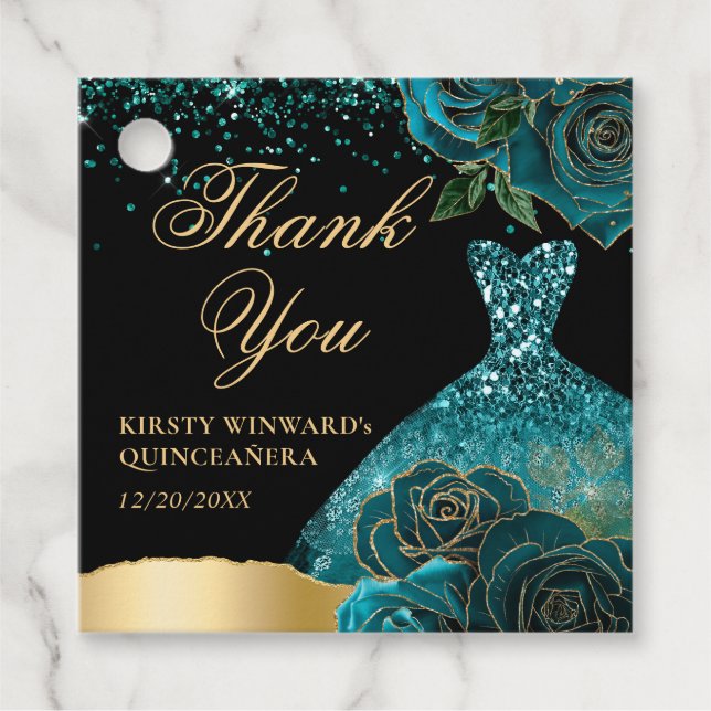 Étiquettes Cadeau Robe turquoise et or Parties scintillant Glam Rose (Devant)