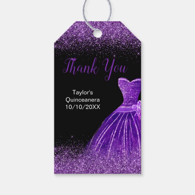 Étiquettes-cadeau Robe violette foncée Faux Parties scintillant Quin (Devant)