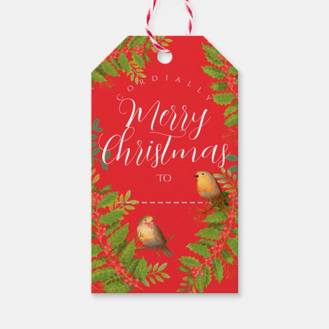 Étiquettes-cadeau Robin Birds Holly Berry Red (Devant)