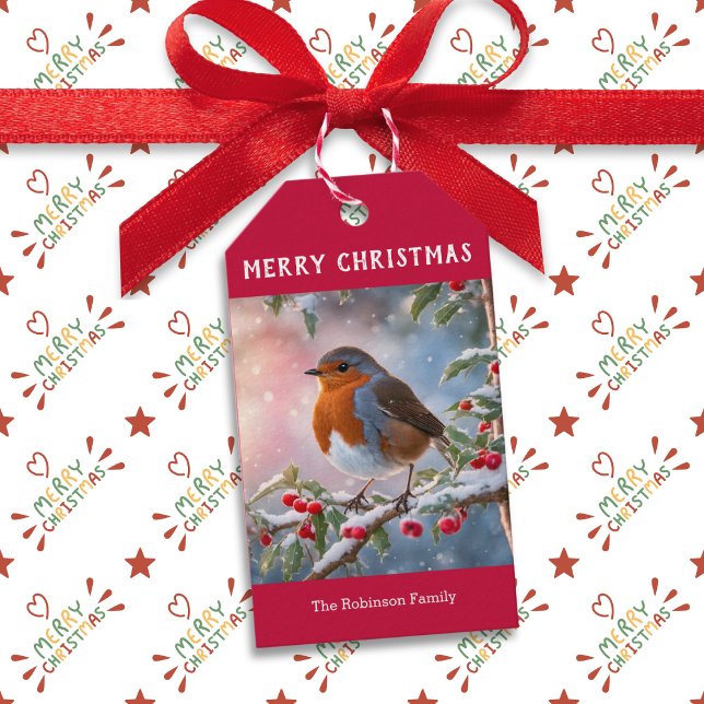 Étiquettes-cadeau Robin traditionnel Cute Aquarelle Joyeux Noël (A personalized Christmas gift tag with Robin redbreast picture. Festive, traditional and cute)