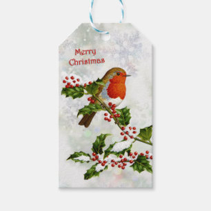 Étiquettes-cadeau Robin vintage, Noël de houx