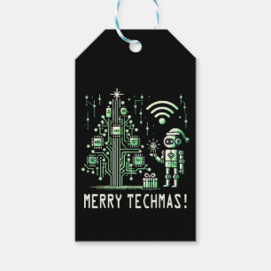 Étiquettes-cadeau Robot IA avec arbre de Noël Tech - Joyeux Techmas