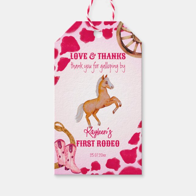 Étiquettes-cadeau Rodeo cowgirl anniversaire vache rose motif poney (Devant)