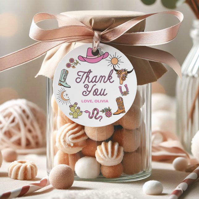 Étiquettes Cadeau Rodeo rose cowboy Occidental Anniversaire Merci (Créateur téléchargé)