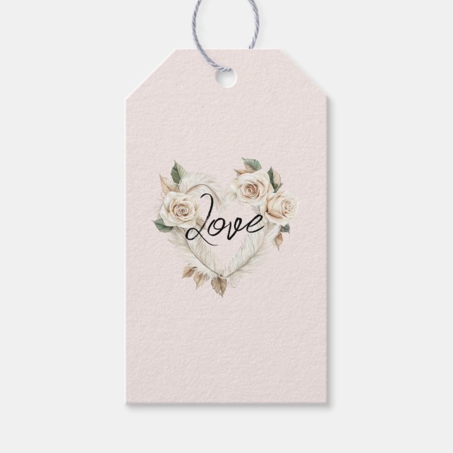Étiquettes-cadeau Romantic Blush Roses Feathers Heart Wedding (Devant)
