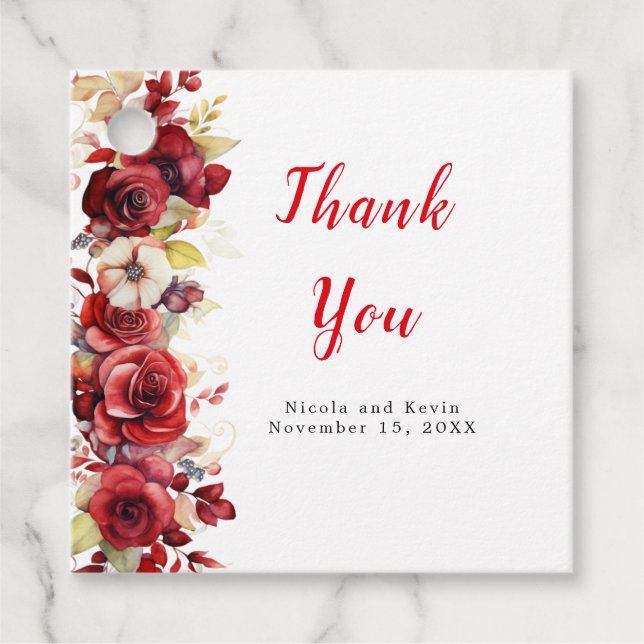Étiquettes Cadeau Romantique Roses Rouges Mariage Floral (Devant)