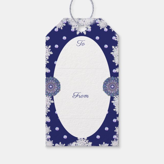 Étiquettes-cadeau Rosace bleue et flocon de neige (Devant)