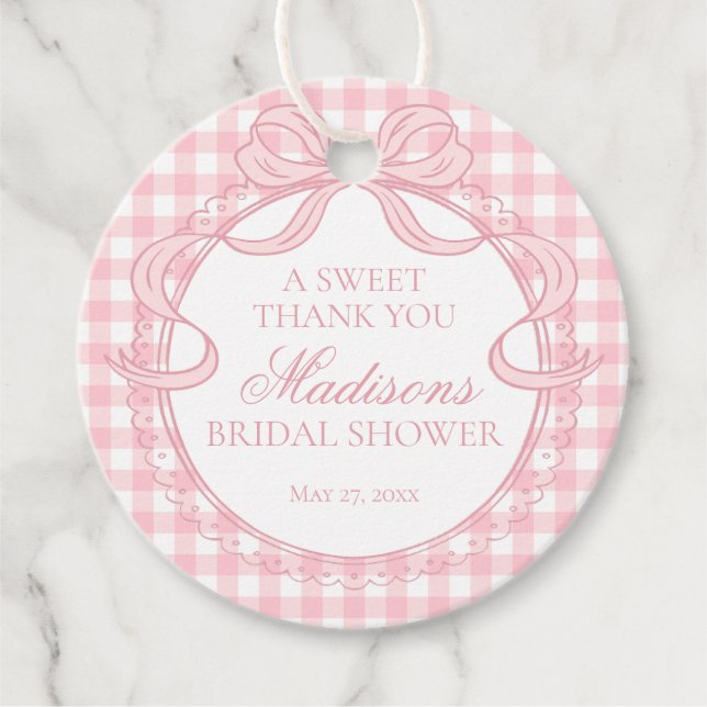 Étiquettes Cadeau Rose à carreaux gingham coquette noeud papillon en (Devant)