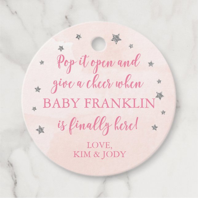 Étiquettes Cadeau Rose & Argent Stars Pop It Open Mini Champagne (Devant)