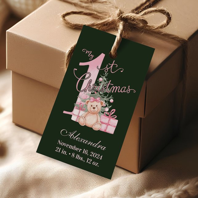 Étiquettes-cadeau Rose Bébé Premier Noël Vert (Créateur téléchargé)