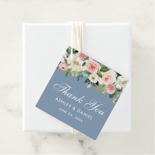 Étiquettes Cadeau Rose Blanc Floral Dusty Bleu Mariage Merci