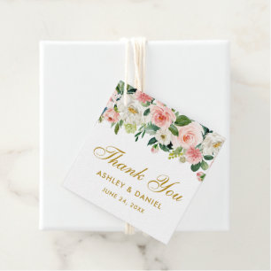 Étiquettes Cadeau Rose Blanc Floral Mariage Merci Or