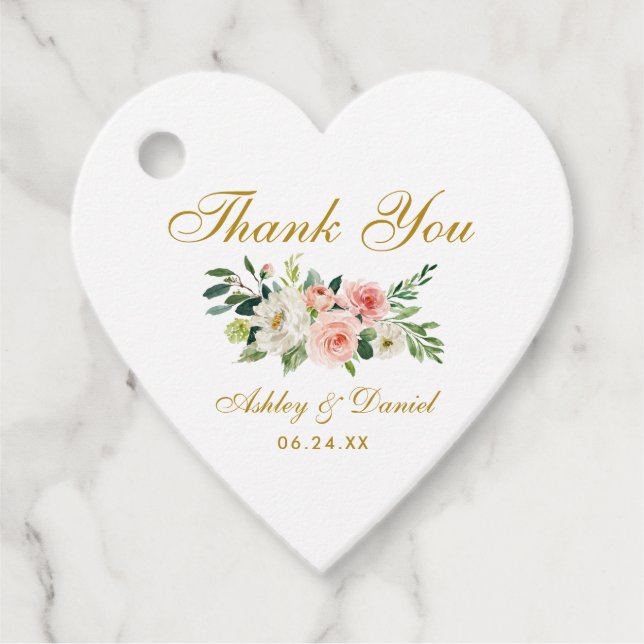Étiquettes Cadeau Rose Blanc Floral Or Mariage Merci Coeur (Devant)