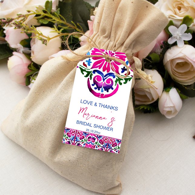 Étiquettes-cadeau Rose bleu mexicain carreaux de la douche nuptiale  (Pink and blue Talavera Mexican tiles pattern bridal shower favor gift tags modern watercolor tiles)
