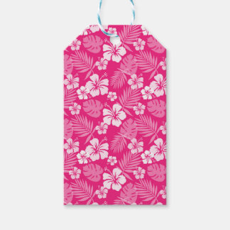 ÉTIQUETTES-CADEAU ROSE CHAUDE AVEC FLEURS HIBISQUES BLANCHES TROPICA