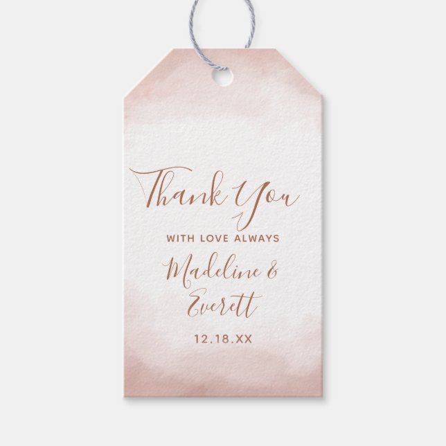 Étiquettes-cadeau Rose d'aquarelle rose pâle Merci Mariage or (Devant)