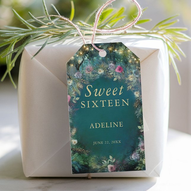 Étiquettes-cadeau Rose de forêt enchantée Végétation Fée Nom du bois (enchanted forest personalized gift tag wild roses wildflower floral emerald gold woodland fairycore)