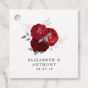 Étiquettes Cadeau Rose de mariage vintage pailletée rouge et argent