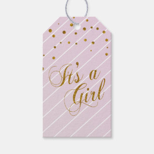 Étiquettes-cadeau Rose doux de bébé et confettis d'or