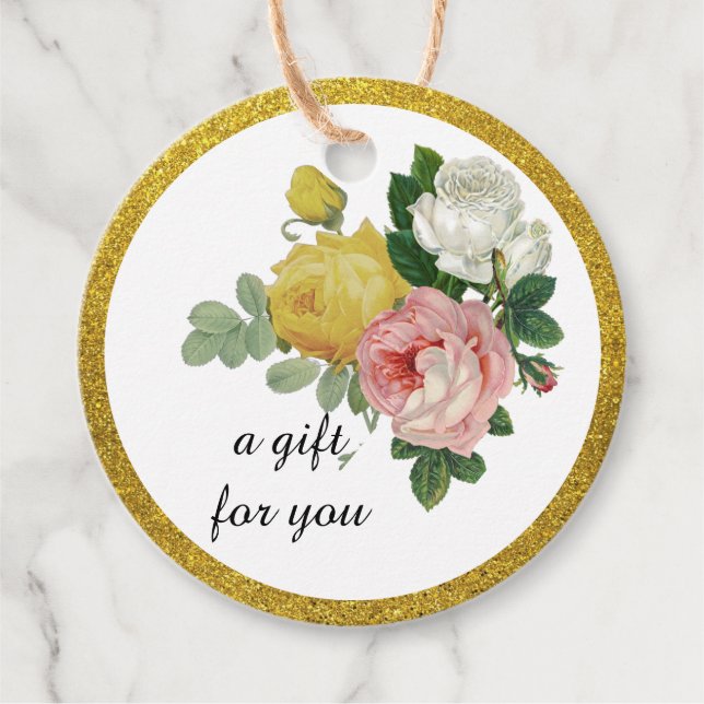 Étiquettes Cadeau Rose Élégante Fleurs Pailletées Or (Devant)