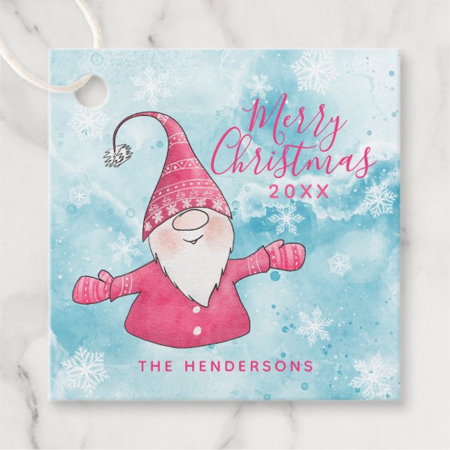Étiquettes Cadeau Rose et Bleu mignon Gnome Personnalisé Joyeux Noël (Devant)