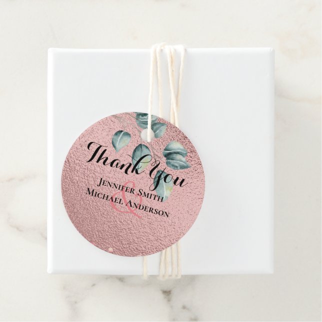 Étiquettes Cadeau Rose Eucalyptus Feuille Foil Look MARIAGE (En situation)