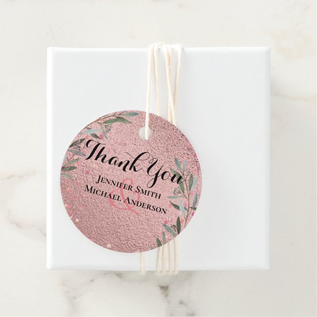 Étiquettes Cadeau Rose Eucalyptus Feuille Foil Look MARIAGE (En situation)