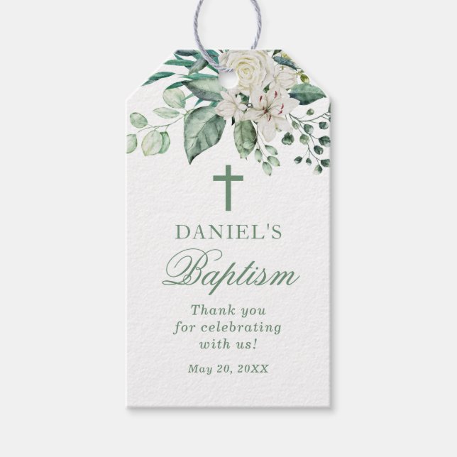 Étiquettes-cadeau Rose Fleurs Baptême Merci (Devant)
