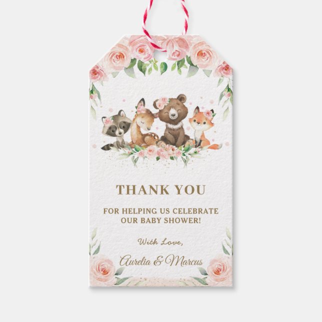 Étiquettes-cadeau Rose Floral mignon Baby shower des animaux de bois (Devant)