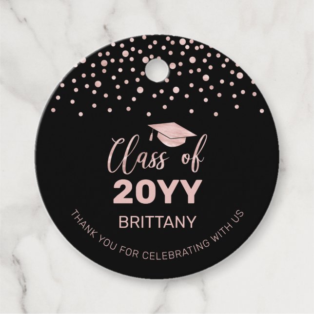 Étiquettes Cadeau Rose Gold Black Confetti Graduation Party Photo (Devant)