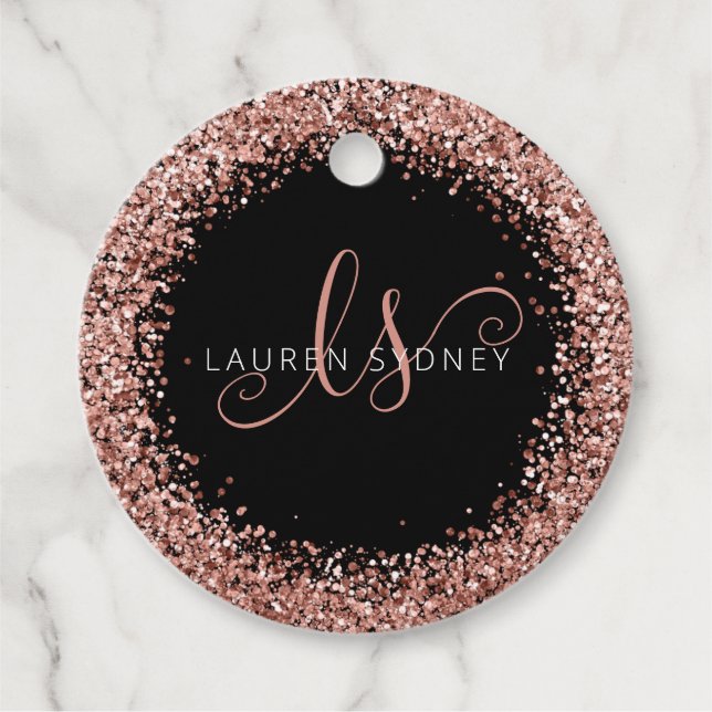 Étiquettes Cadeau Rose Gold Blush Pink Glitter Glam Monogram Name (Devant)