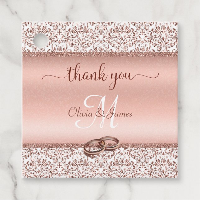 Étiquettes Cadeau Rose Gold Damask Monogramme Mariage Merci (Devant)